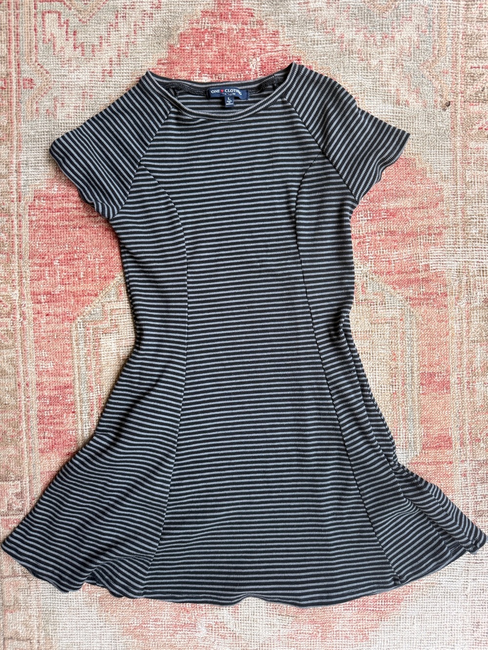 one clothing Black and Gray Striped Short Sleeve A-Line Mini Dress